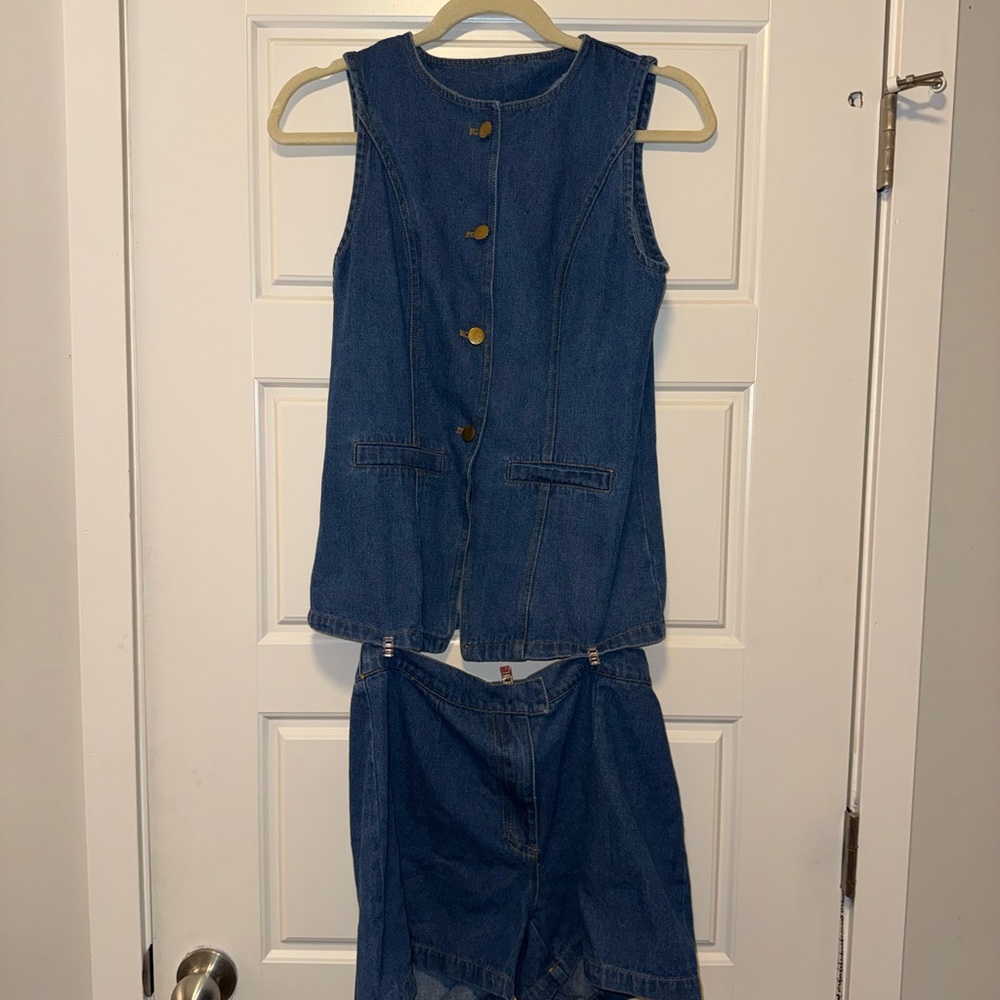 Blue Denim Sleeveless Vest Set with Gold Buttons and Matching Shorts - Picture 3 of 5